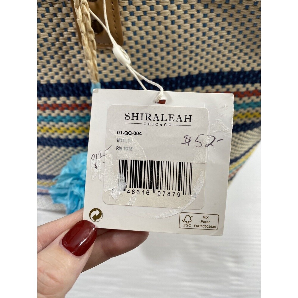 SHIRALEAH Chicago Ria Woven Paper Tote Bag Purse Striped Pompoms NWT - Picture 3 of 13